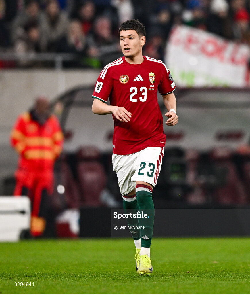 16 November 2025; Damir Redzic of Hungary during the FIFA World Cup 2026 Group F Qualifier match between Hungary and Republic of Ireland at Puskás Aréna in Budapest, Hungary. Photo by Ben McShane/Sportsfile