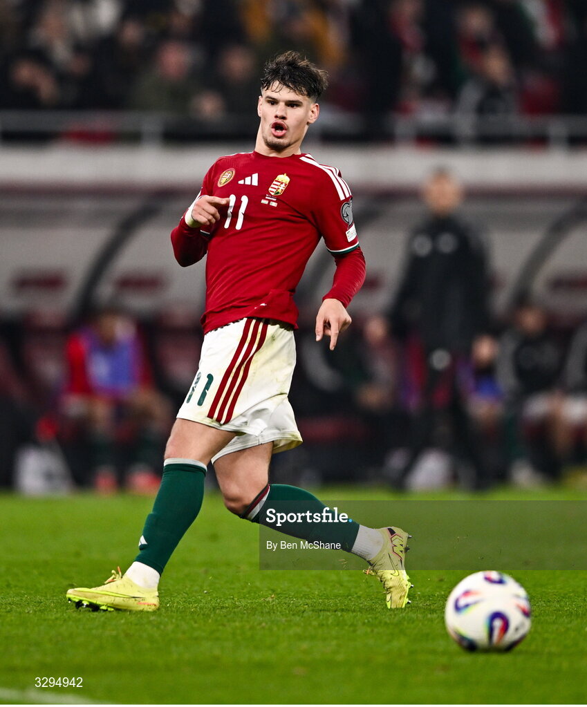 16 November 2025; Milos Kerkez of Hungary during the FIFA World Cup 2026 Group F Qualifier match between Hungary and Republic of Ireland at Puskás Aréna in Budapest, Hungary. Photo by Ben McShane/Sportsfile