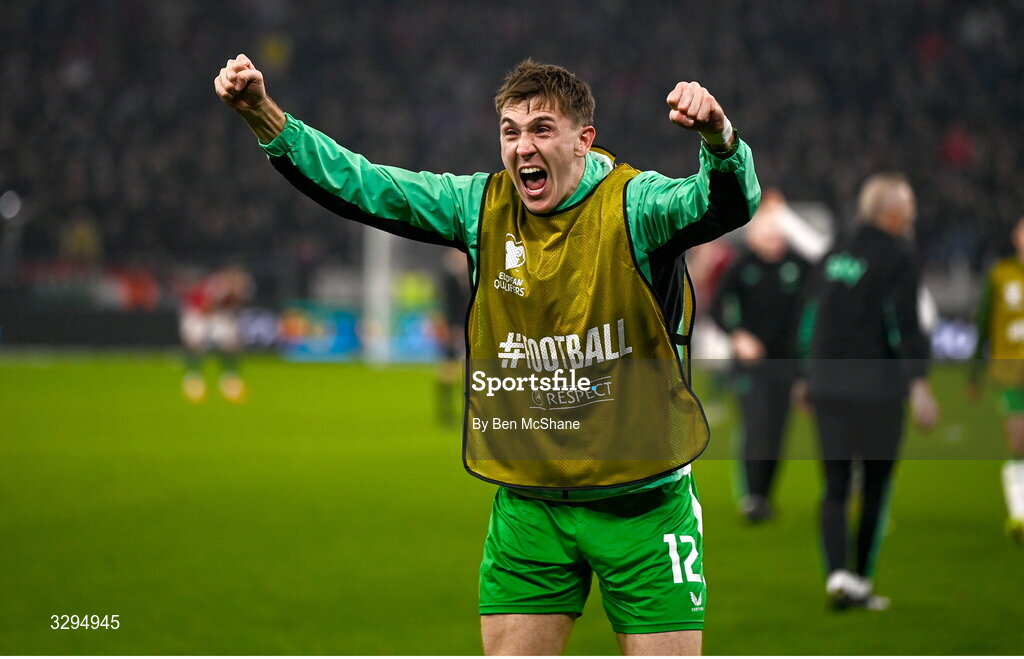 16 November 2025; Jimmy Dunne of Republic of Ireland celebrates after the FIFA World Cup 2026 Group F Qualifier match between Hungary and Republic of Ireland at Puskás Aréna in Budapest, Hungary. Photo by Ben McShane/Sportsfile