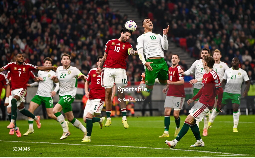 16 November 2025; Dominik Szoboszlai of Hungary and Adam Idah of Republic of Ireland during the FIFA World Cup 2026 Group F Qualifier match between Hungary and Republic of Ireland at Puskás Aréna in Budapest, Hungary. Photo by Ben McShane/Sportsfile