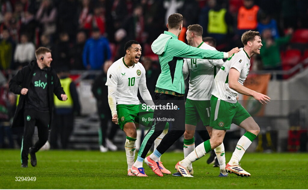 16 November 2025; Adam Idah of Republic of Ireland celebrates with teammates after the FIFA World Cup 2026 Group F Qualifier match between Hungary and Republic of Ireland at Puskás Aréna in Budapest, Hungary. Photo by Ben McShane/Sportsfile