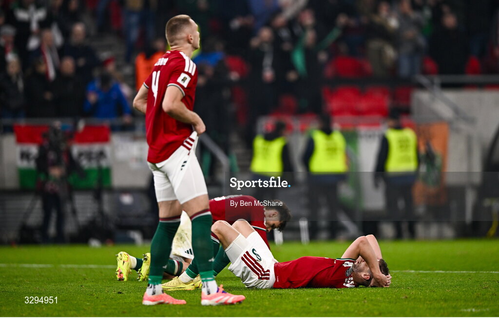 16 November 2025; Hungary players, from left, Attila Szalai, Milos Kerkez and Barnabás Varga react after their side concede the winning goal, scored by Troy Parrott of Republic of Ireland, during the FIFA World Cup 2026 Group F Qualifier match between Hungary and Republic of Ireland at Puskás Aréna in Budapest, Hungary. Photo by Ben McShane/Sportsfile