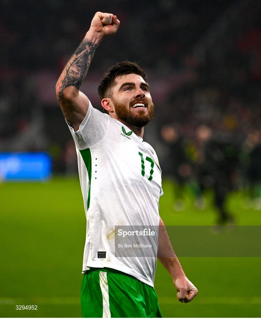 16 November 2025; Ryan Manning of Republic of Ireland celebrates after the FIFA World Cup 2026 Group F Qualifier match between Hungary and Republic of Ireland at Puskás Aréna in Budapest, Hungary. Photo by Ben McShane/Sportsfile