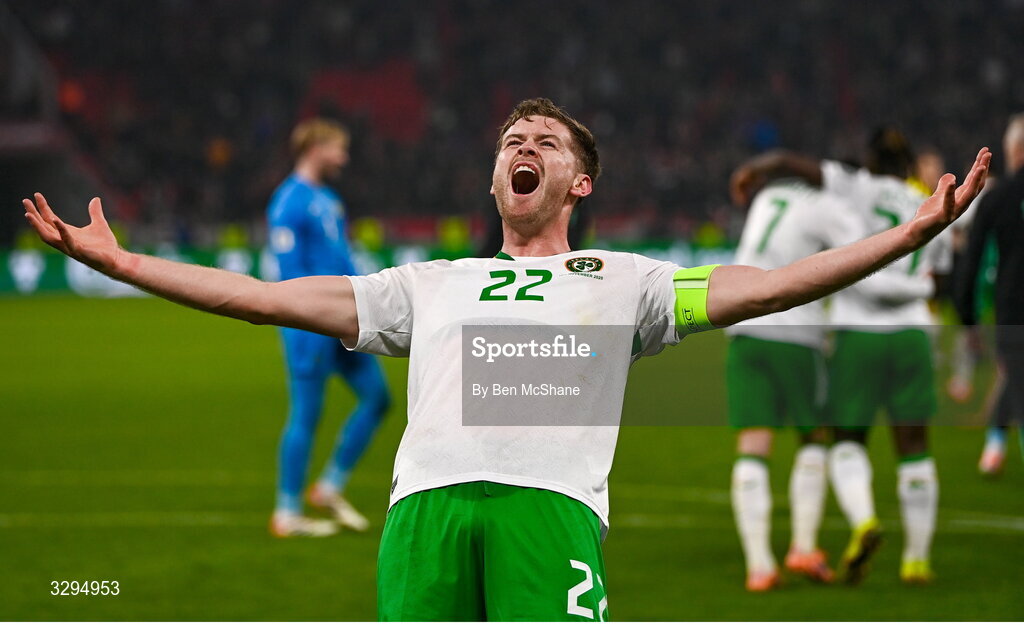 16 November 2025; Nathan Collins of Republic of Ireland celebrates after the FIFA World Cup 2026 Group F Qualifier match between Hungary and Republic of Ireland at Puskás Aréna in Budapest, Hungary. Photo by Ben McShane/Sportsfile
