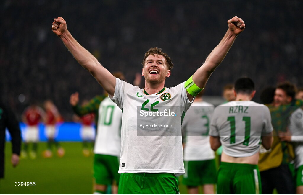 16 November 2025; Nathan Collins of Republic of Ireland celebrates after the FIFA World Cup 2026 Group F Qualifier match between Hungary and Republic of Ireland at Puskás Aréna in Budapest, Hungary. Photo by Ben McShane/Sportsfile