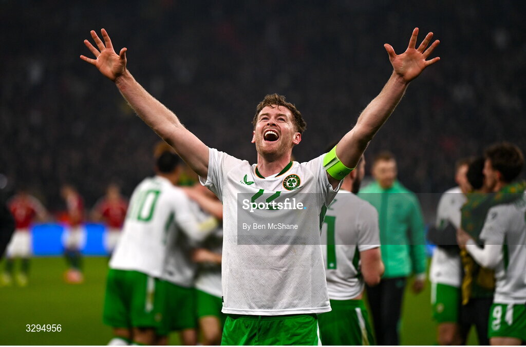 16 November 2025; Nathan Collins of Republic of Ireland celebrates after the FIFA World Cup 2026 Group F Qualifier match between Hungary and Republic of Ireland at Puskás Aréna in Budapest, Hungary. Photo by Ben McShane/Sportsfile