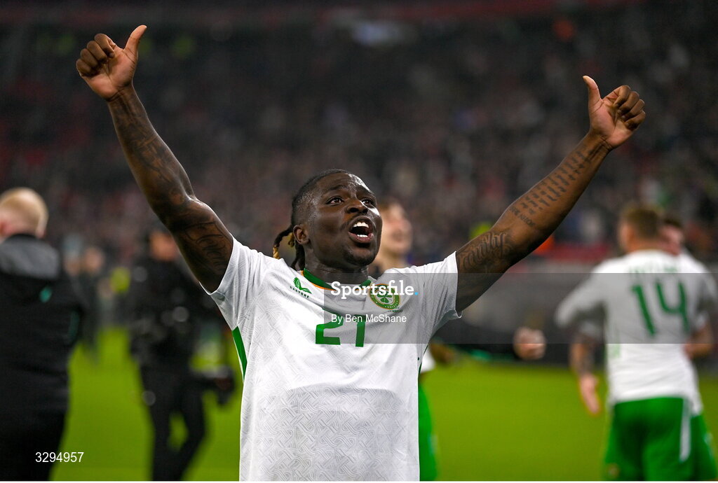 16 November 2025; Festy Ebosele of Republic of Ireland celebrates after the FIFA World Cup 2026 Group F Qualifier match between Hungary and Republic of Ireland at Puskás Aréna in Budapest, Hungary. Photo by Ben McShane/Sportsfile