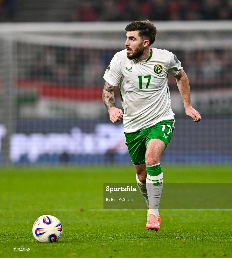 16 November 2025; Ryan Manning of Republic of Ireland during the FIFA World Cup 2026 Group F Qualifier match between Hungary and Republic of Ireland at Puskás Aréna in Budapest, Hungary. Photo by Ben McShane/Sportsfile