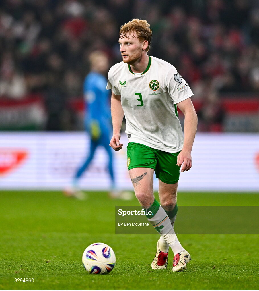 16 November 2025; Liam Scales of Republic of Ireland during the FIFA World Cup 2026 Group F Qualifier match between Hungary and Republic of Ireland at Puskás Aréna in Budapest, Hungary. Photo by Ben McShane/Sportsfile