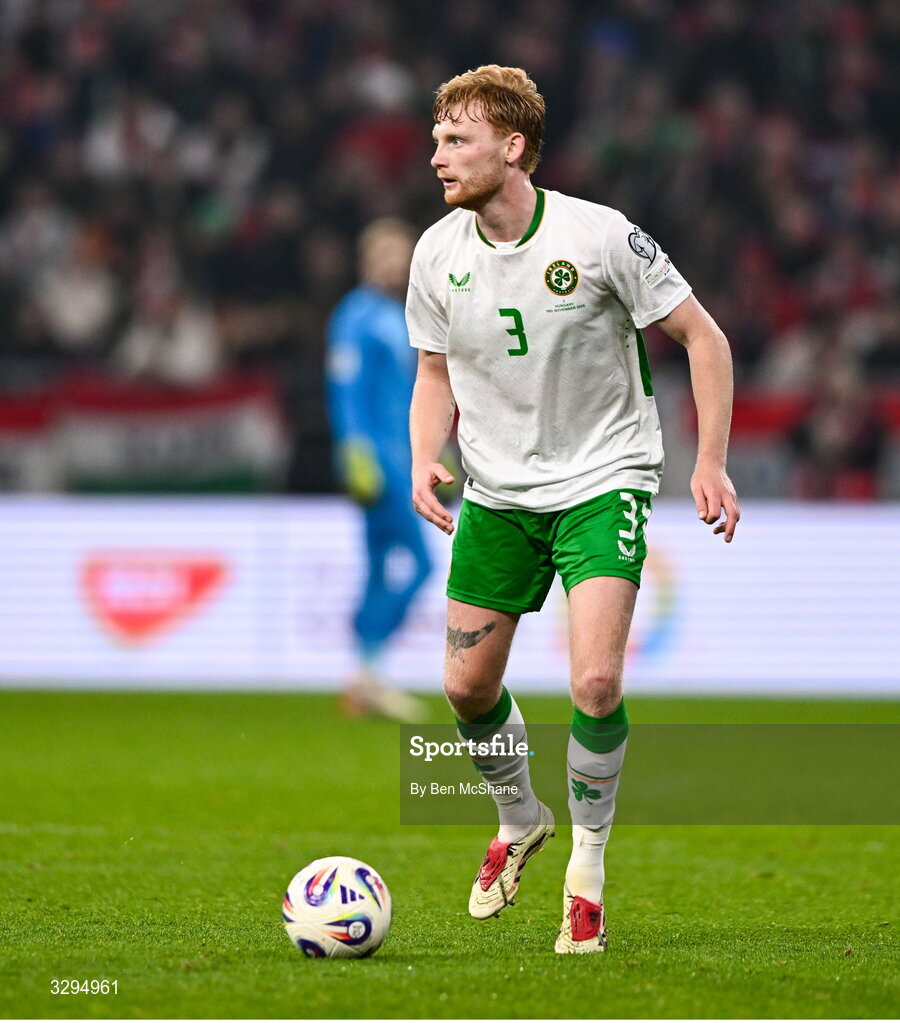 16 November 2025; Liam Scales of Republic of Ireland during the FIFA World Cup 2026 Group F Qualifier match between Hungary and Republic of Ireland at Puskás Aréna in Budapest, Hungary. Photo by Ben McShane/Sportsfile