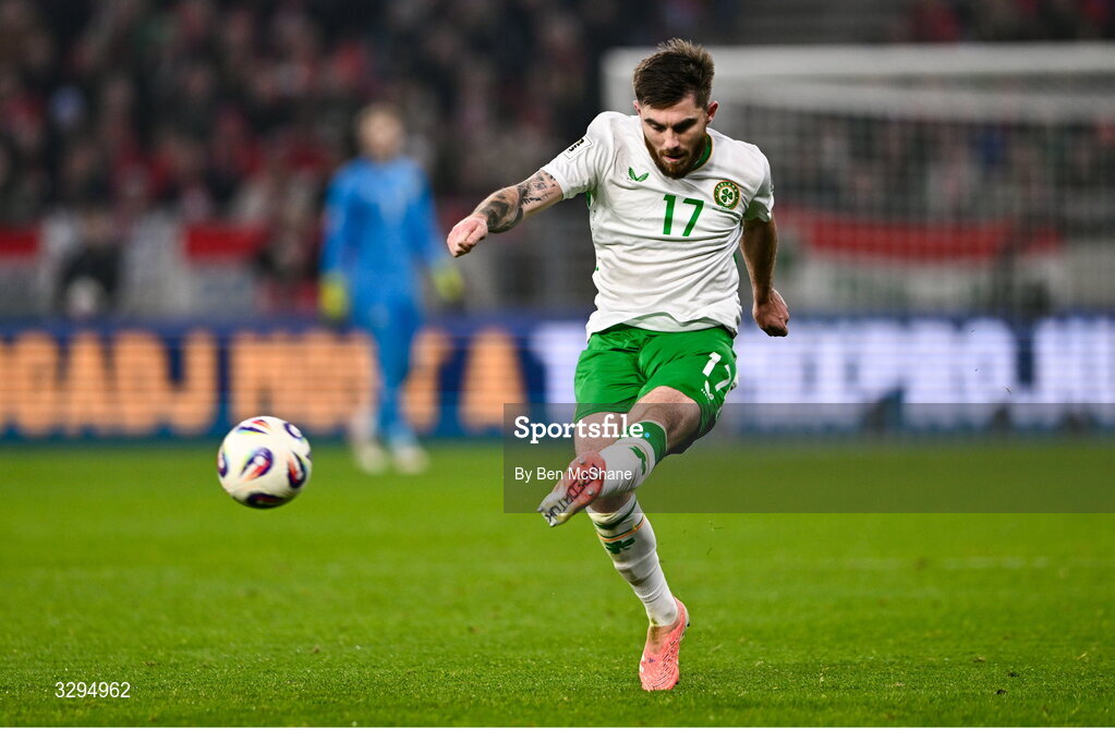 16 November 2025; Ryan Manning of Republic of Ireland during the FIFA World Cup 2026 Group F Qualifier match between Hungary and Republic of Ireland at Puskás Aréna in Budapest, Hungary. Photo by Ben McShane/Sportsfile