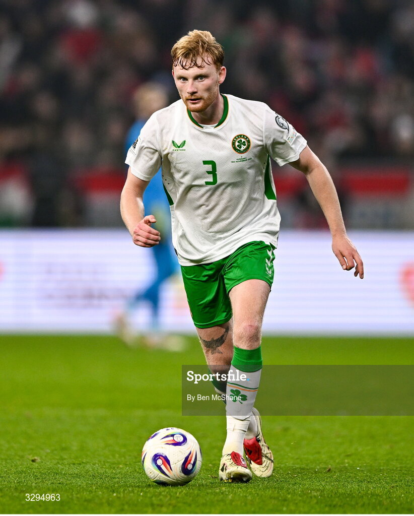 16 November 2025; Liam Scales of Republic of Ireland during the FIFA World Cup 2026 Group F Qualifier match between Hungary and Republic of Ireland at Puskás Aréna in Budapest, Hungary. Photo by Ben McShane/Sportsfile