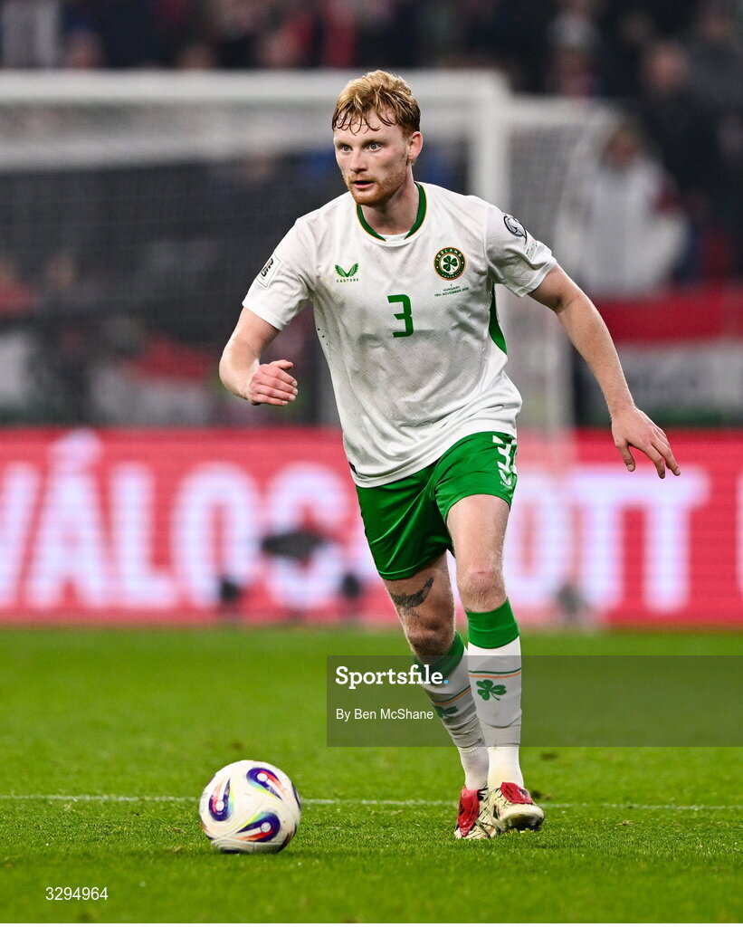 16 November 2025; Liam Scales of Republic of Ireland during the FIFA World Cup 2026 Group F Qualifier match between Hungary and Republic of Ireland at Puskás Aréna in Budapest, Hungary. Photo by Ben McShane/Sportsfile