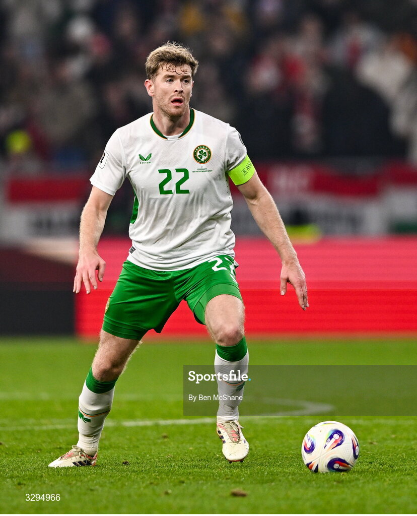 16 November 2025; Nathan Collins of Republic of Ireland during the FIFA World Cup 2026 Group F Qualifier match between Hungary and Republic of Ireland at Puskás Aréna in Budapest, Hungary. Photo by Ben McShane/Sportsfile