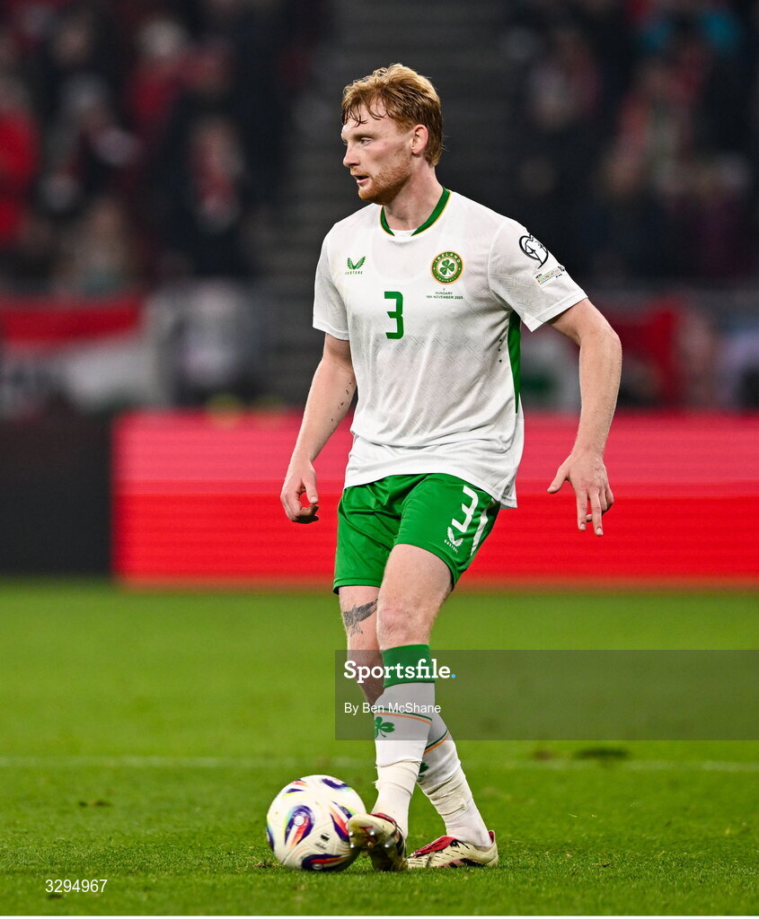 16 November 2025; Liam Scales of Republic of Ireland during the FIFA World Cup 2026 Group F Qualifier match between Hungary and Republic of Ireland at Puskás Aréna in Budapest, Hungary. Photo by Ben McShane/Sportsfile