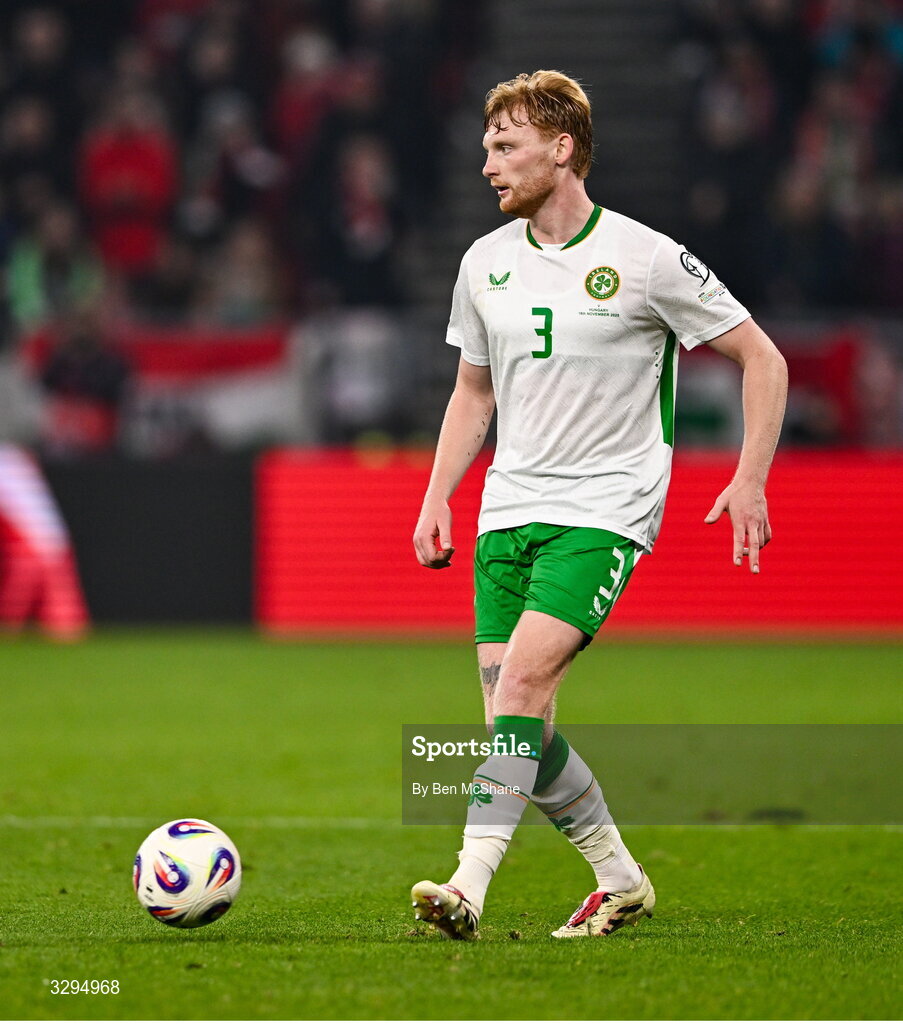 16 November 2025; Liam Scales of Republic of Ireland during the FIFA World Cup 2026 Group F Qualifier match between Hungary and Republic of Ireland at Puskás Aréna in Budapest, Hungary. Photo by Ben McShane/Sportsfile