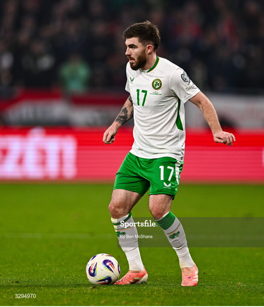 16 November 2025; Ryan Manning of Republic of Ireland during the FIFA World Cup 2026 Group F Qualifier match between Hungary and Republic of Ireland at Puskás Aréna in Budapest, Hungary. Photo by Ben McShane/Sportsfile