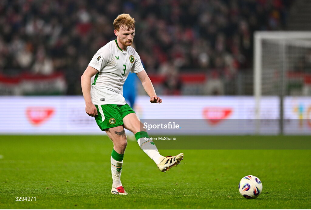 16 November 2025; Liam Scales of Republic of Ireland during the FIFA World Cup 2026 Group F Qualifier match between Hungary and Republic of Ireland at Puskás Aréna in Budapest, Hungary. Photo by Ben McShane/Sportsfile