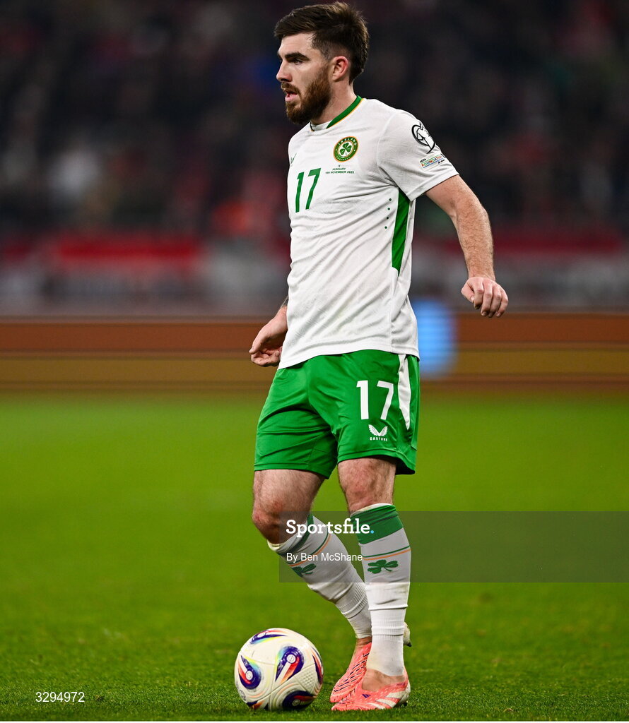 16 November 2025; Ryan Manning of Republic of Ireland during the FIFA World Cup 2026 Group F Qualifier match between Hungary and Republic of Ireland at Puskás Aréna in Budapest, Hungary. Photo by Ben McShane/Sportsfile