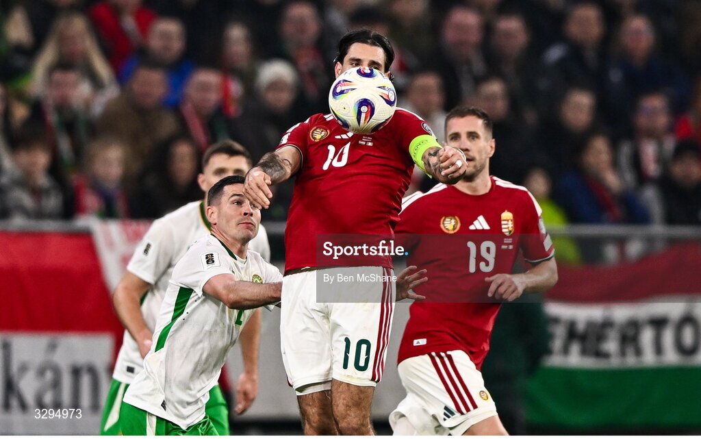 16 November 2025; Dominik Szoboszlai of Hungary and Josh Cullen of Republic of Ireland during the FIFA World Cup 2026 Group F Qualifier match between Hungary and Republic of Ireland at Puskás Aréna in Budapest, Hungary. Photo by Ben McShane/Sportsfile