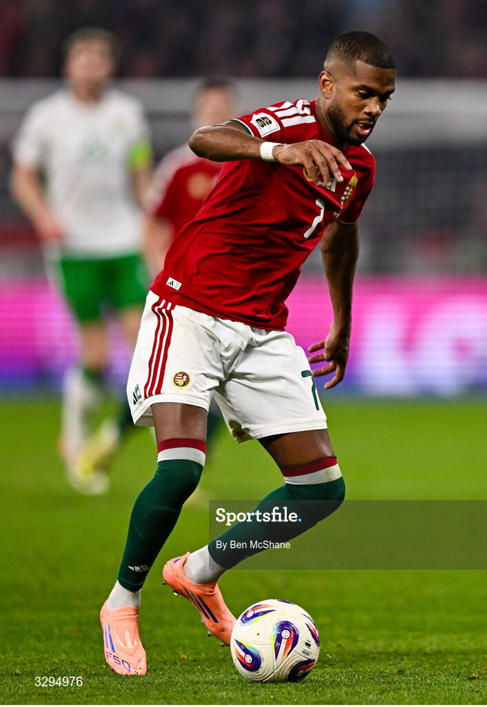 16 November 2025; Loïc Négo of Hungary during the FIFA World Cup 2026 Group F Qualifier match between Hungary and Republic of Ireland at Puskás Aréna in Budapest, Hungary. Photo by Ben McShane/Sportsfile