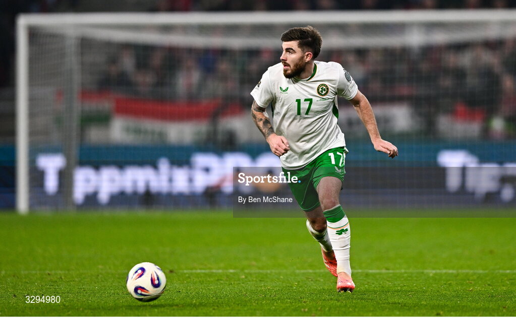 16 November 2025; Ryan Manning of Republic of Ireland during the FIFA World Cup 2026 Group F Qualifier match between Hungary and Republic of Ireland at Puskás Aréna in Budapest, Hungary. Photo by Ben McShane/Sportsfile