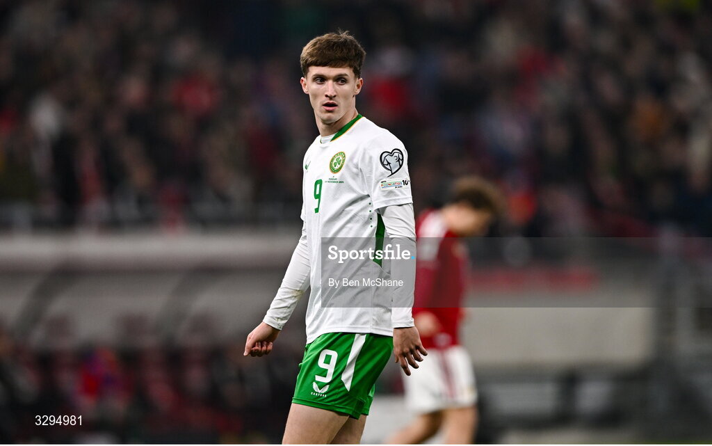16 November 2025; Johnny Kenny of Republic of Ireland during the FIFA World Cup 2026 Group F Qualifier match between Hungary and Republic of Ireland at Puskás Aréna in Budapest, Hungary. Photo by Ben McShane/Sportsfile