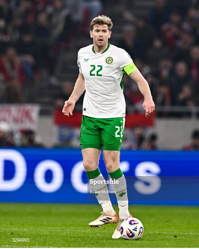 16 November 2025; Nathan Collins of Republic of Ireland during the FIFA World Cup 2026 Group F Qualifier match between Hungary and Republic of Ireland at Puskás Aréna in Budapest, Hungary. Photo by Ben McShane/Sportsfile