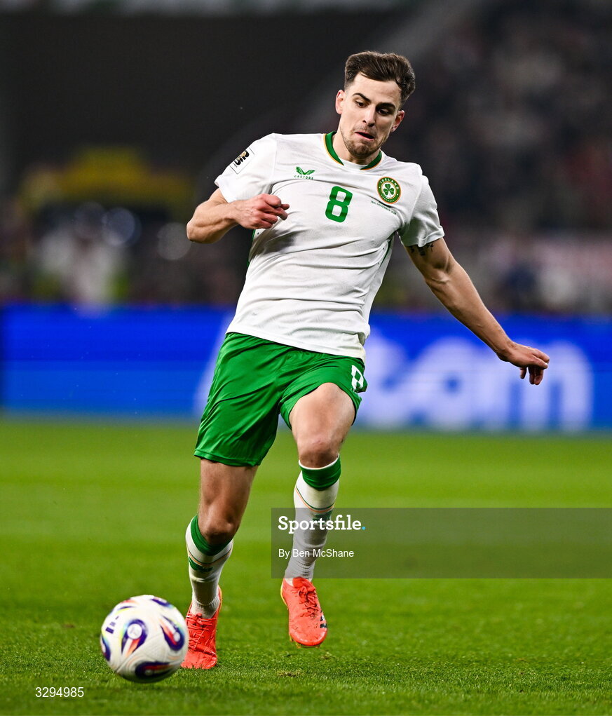 16 November 2025; Jayson Molumby of Republic of Ireland during the FIFA World Cup 2026 Group F Qualifier match between Hungary and Republic of Ireland at Puskás Aréna in Budapest, Hungary. Photo by Ben McShane/Sportsfile