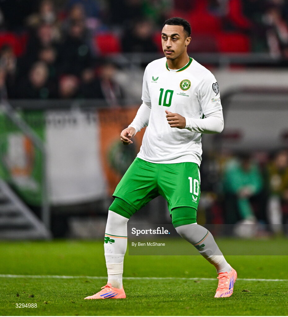 16 November 2025; Adam Idah of Republic of Ireland during the FIFA World Cup 2026 Group F Qualifier match between Hungary and Republic of Ireland at Puskás Aréna in Budapest, Hungary. Photo by Ben McShane/Sportsfile