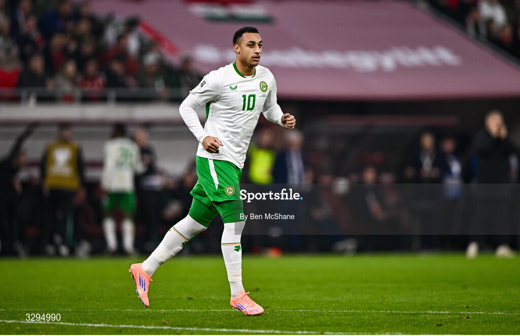 16 November 2025; Adam Idah of Republic of Ireland during the FIFA World Cup 2026 Group F Qualifier match between Hungary and Republic of Ireland at Puskás Aréna in Budapest, Hungary. Photo by Ben McShane/Sportsfile