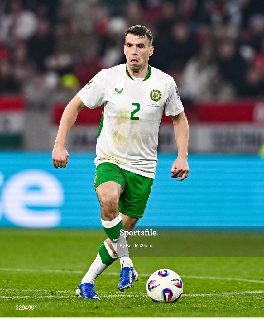 16 November 2025; Seamus Coleman of Republic of Ireland during the FIFA World Cup 2026 Group F Qualifier match between Hungary and Republic of Ireland at Puskás Aréna in Budapest, Hungary. Photo by Ben McShane/Sportsfile