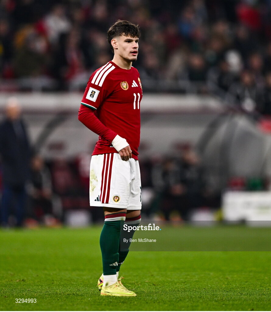 16 November 2025; Milos Kerkez of Hungary during the FIFA World Cup 2026 Group F Qualifier match between Hungary and Republic of Ireland at Puskás Aréna in Budapest, Hungary. Photo by Ben McShane/Sportsfile