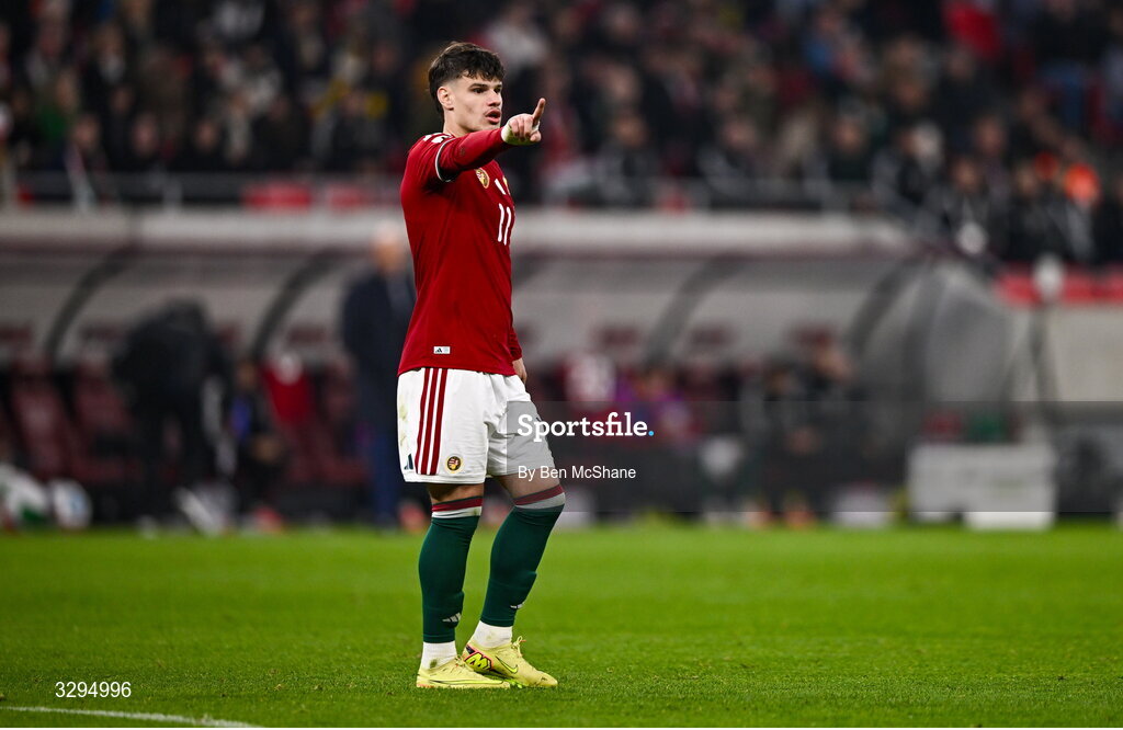 16 November 2025; Milos Kerkez of Hungary during the FIFA World Cup 2026 Group F Qualifier match between Hungary and Republic of Ireland at Puskás Aréna in Budapest, Hungary. Photo by Ben McShane/Sportsfile