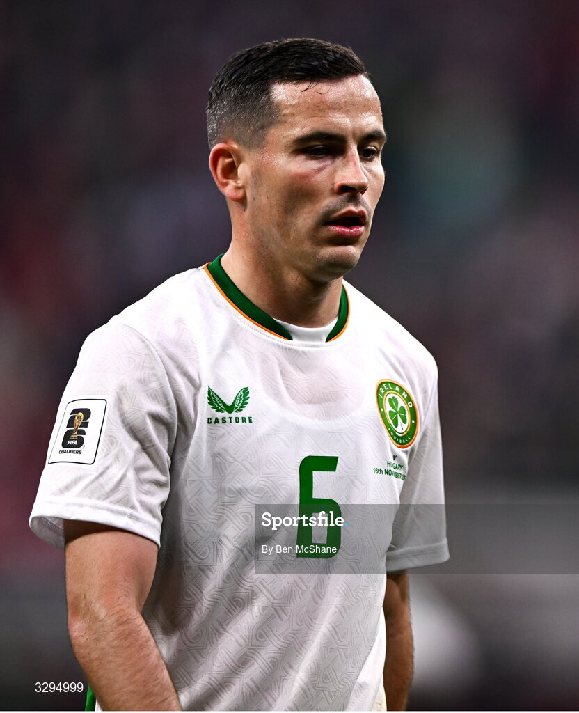 16 November 2025; Josh Cullen of Republic of Ireland during the FIFA World Cup 2026 Group F Qualifier match between Hungary and Republic of Ireland at Puskás Aréna in Budapest, Hungary. Photo by Ben McShane/Sportsfile