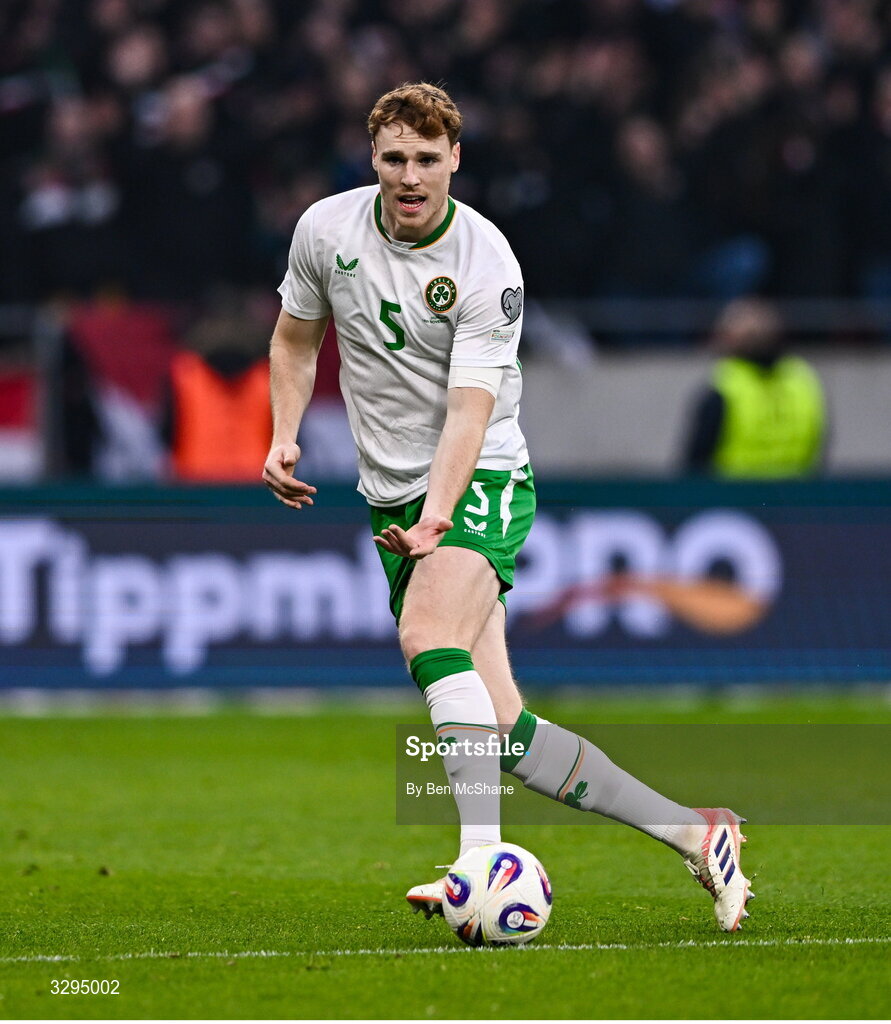 16 November 2025; Jake O'Brien of Republic of Ireland during the FIFA World Cup 2026 Group F Qualifier match between Hungary and Republic of Ireland at Puskás Aréna in Budapest, Hungary. Photo by Ben McShane/Sportsfile