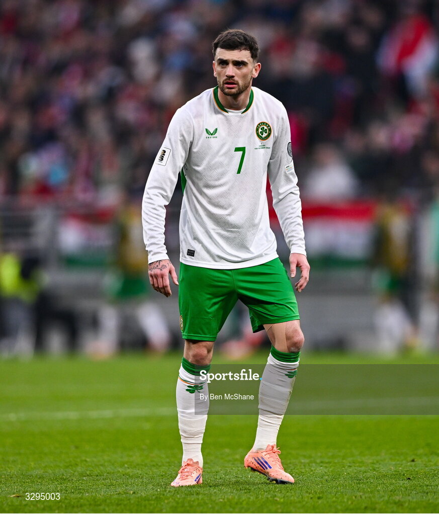 16 November 2025; Troy Parrott of Republic of Ireland during the FIFA World Cup 2026 Group F Qualifier match between Hungary and Republic of Ireland at Puskás Aréna in Budapest, Hungary. Photo by Ben McShane/Sportsfile