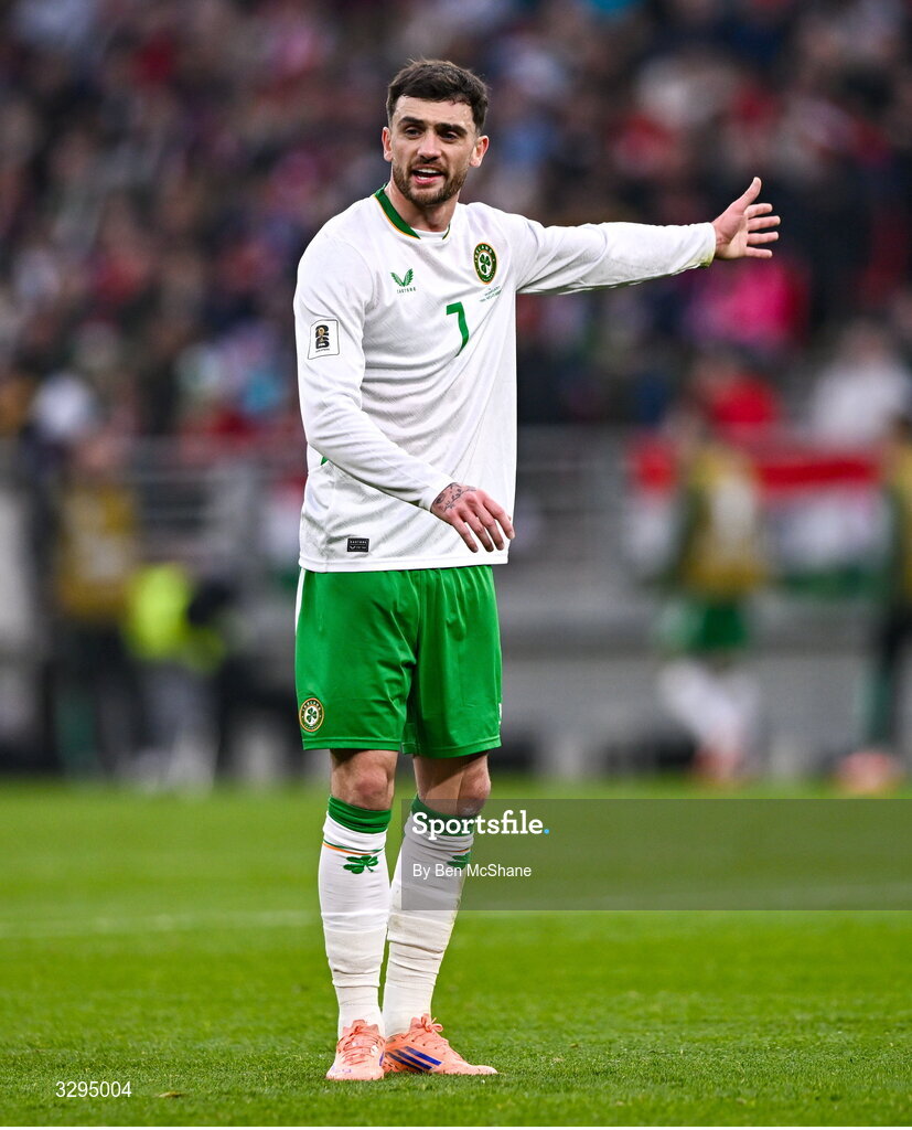 16 November 2025; Troy Parrott of Republic of Ireland during the FIFA World Cup 2026 Group F Qualifier match between Hungary and Republic of Ireland at Puskás Aréna in Budapest, Hungary. Photo by Ben McShane/Sportsfile