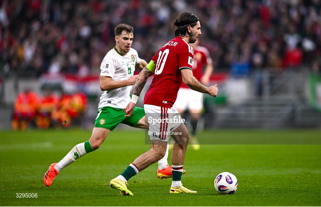 16 November 2025; Dominik Szoboszlai of Hungary and Jayson Molumby of Republic of Ireland during the FIFA World Cup 2026 Group F Qualifier match between Hungary and Republic of Ireland at Puskás Aréna in Budapest, Hungary. Photo by Ben McShane/Sportsfile