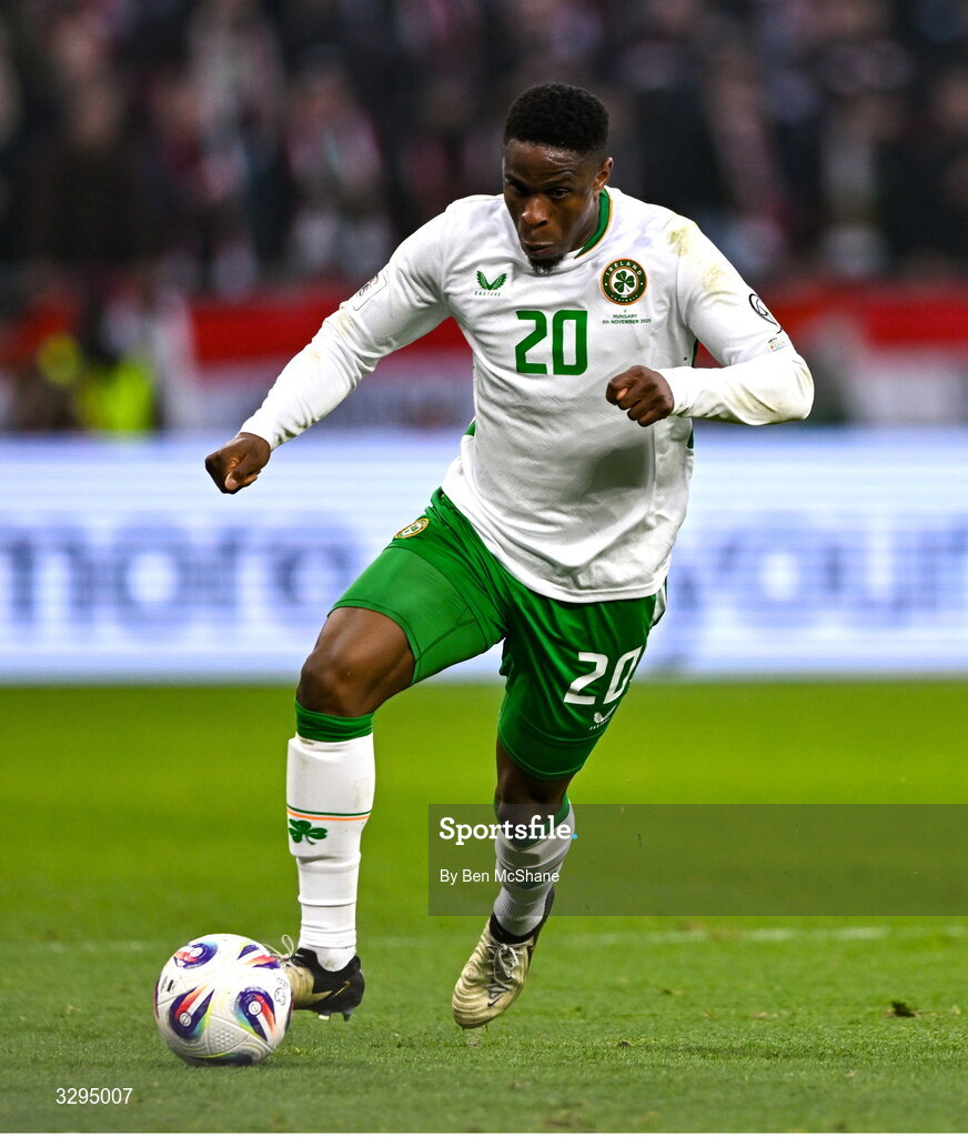 16 November 2025; Chiedozie Ogbene of Republic of Ireland during the FIFA World Cup 2026 Group F Qualifier match between Hungary and Republic of Ireland at Puskás Aréna in Budapest, Hungary. Photo by Ben McShane/Sportsfile