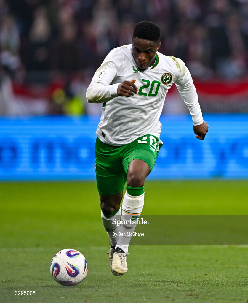 16 November 2025; Chiedozie Ogbene of Republic of Ireland during the FIFA World Cup 2026 Group F Qualifier match between Hungary and Republic of Ireland at Puskás Aréna in Budapest, Hungary. Photo by Ben McShane/Sportsfile