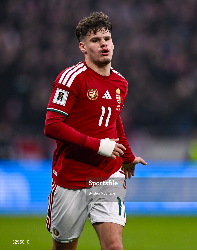 16 November 2025; Milos Kerkez of Hungary during the FIFA World Cup 2026 Group F Qualifier match between Hungary and Republic of Ireland at Puskás Aréna in Budapest, Hungary. Photo by Ben McShane/Sportsfile