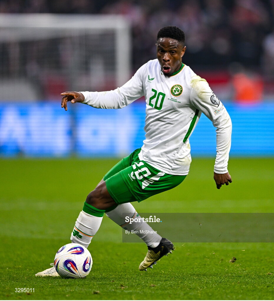 16 November 2025; Chiedozie Ogbene of Republic of Ireland during the FIFA World Cup 2026 Group F Qualifier match between Hungary and Republic of Ireland at Puskás Aréna in Budapest, Hungary. Photo by Ben McShane/Sportsfile