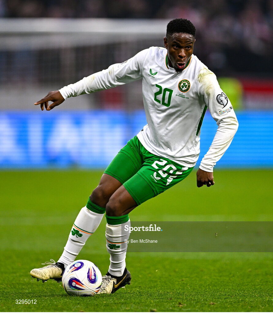 16 November 2025; Chiedozie Ogbene of Republic of Ireland during the FIFA World Cup 2026 Group F Qualifier match between Hungary and Republic of Ireland at Puskás Aréna in Budapest, Hungary. Photo by Ben McShane/Sportsfile