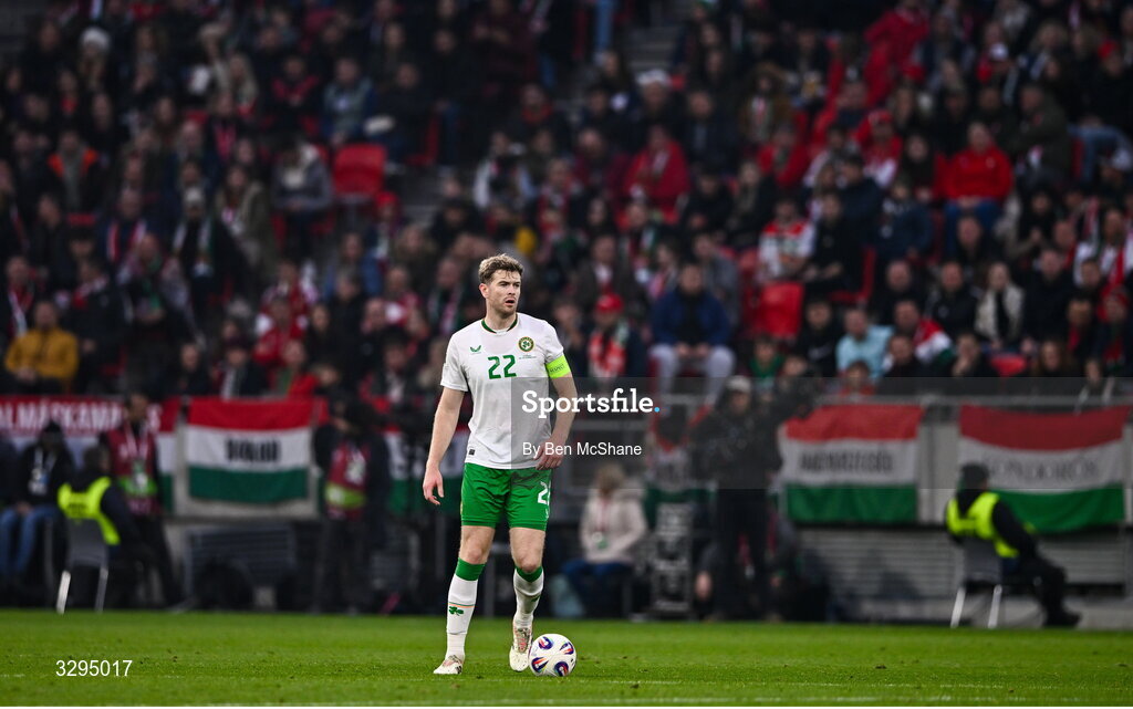 16 November 2025; Nathan Collins of Republic of Ireland during the FIFA World Cup 2026 Group F Qualifier match between Hungary and Republic of Ireland at Puskás Aréna in Budapest, Hungary. Photo by Ben McShane/Sportsfile