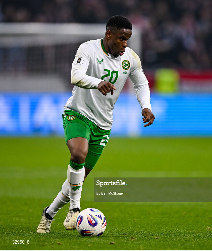 16 November 2025; Chiedozie Ogbene of Republic of Ireland during the FIFA World Cup 2026 Group F Qualifier match between Hungary and Republic of Ireland at Puskás Aréna in Budapest, Hungary. Photo by Ben McShane/Sportsfile
