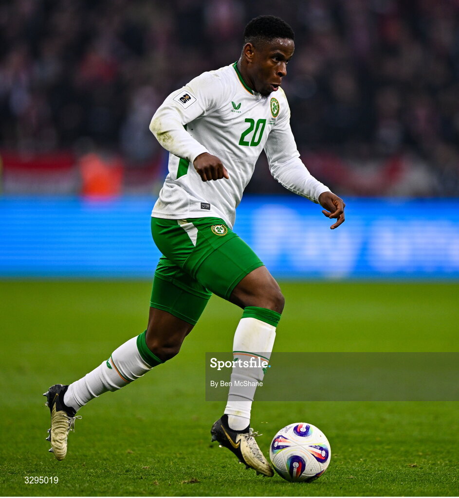16 November 2025; Chiedozie Ogbene of Republic of Ireland during the FIFA World Cup 2026 Group F Qualifier match between Hungary and Republic of Ireland at Puskás Aréna in Budapest, Hungary. Photo by Ben McShane/Sportsfile