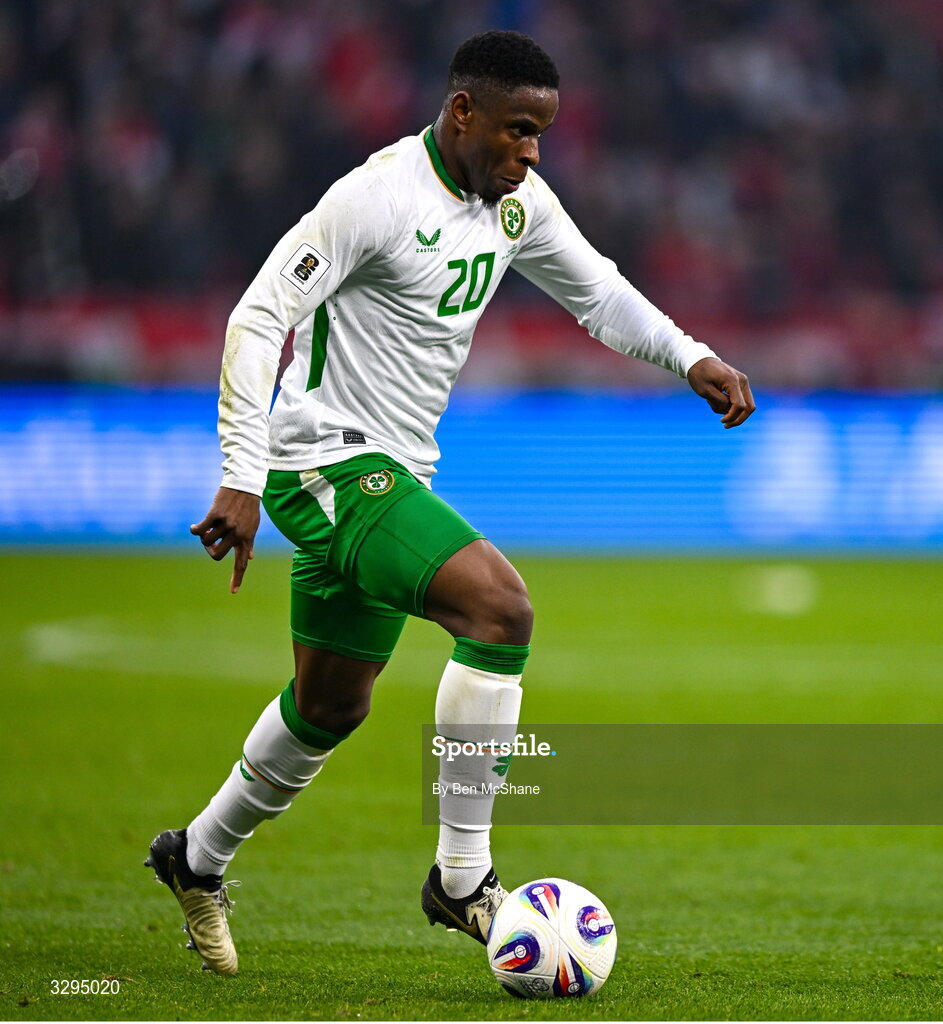 16 November 2025; Chiedozie Ogbene of Republic of Ireland during the FIFA World Cup 2026 Group F Qualifier match between Hungary and Republic of Ireland at Puskás Aréna in Budapest, Hungary. Photo by Ben McShane/Sportsfile