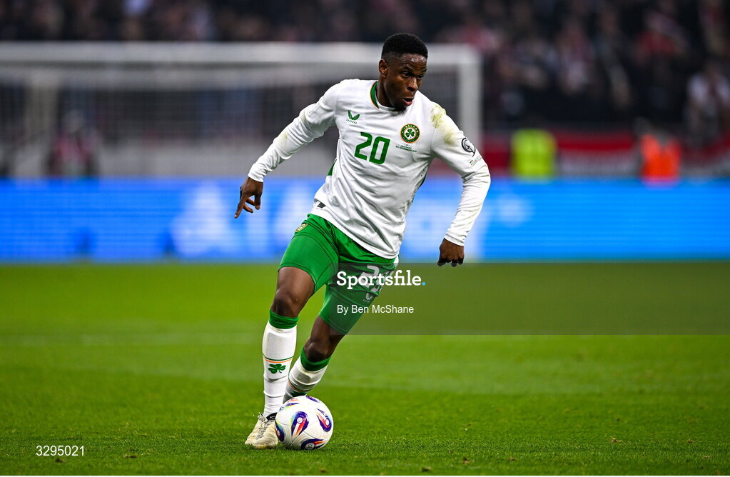 16 November 2025; Chiedozie Ogbene of Republic of Ireland during the FIFA World Cup 2026 Group F Qualifier match between Hungary and Republic of Ireland at Puskás Aréna in Budapest, Hungary. Photo by Ben McShane/Sportsfile