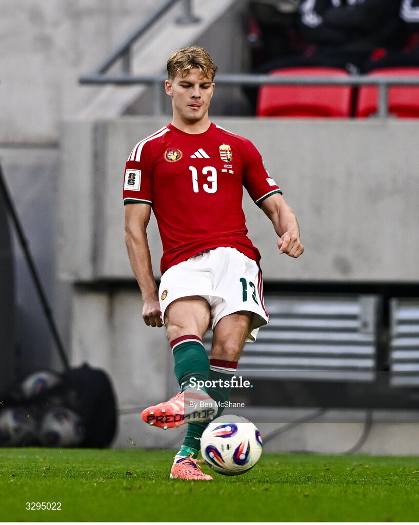 16 November 2025; András Schäfer of Hungary during the FIFA World Cup 2026 Group F Qualifier match between Hungary and Republic of Ireland at Puskás Aréna in Budapest, Hungary. Photo by Ben McShane/Sportsfile